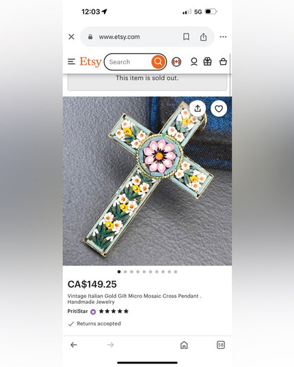 Vintage Italian Glass mosaic cross pendant Brass