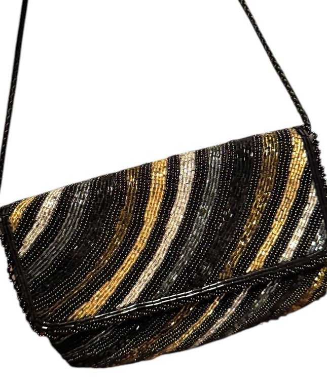 Elegant Vintage Black and Gold Micro Beaded Clutch