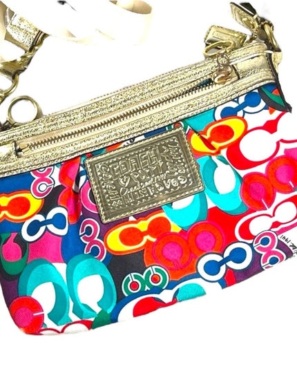 Colorful COACH POPPY gold metalic leather & canvas crossbody pouch bag l…