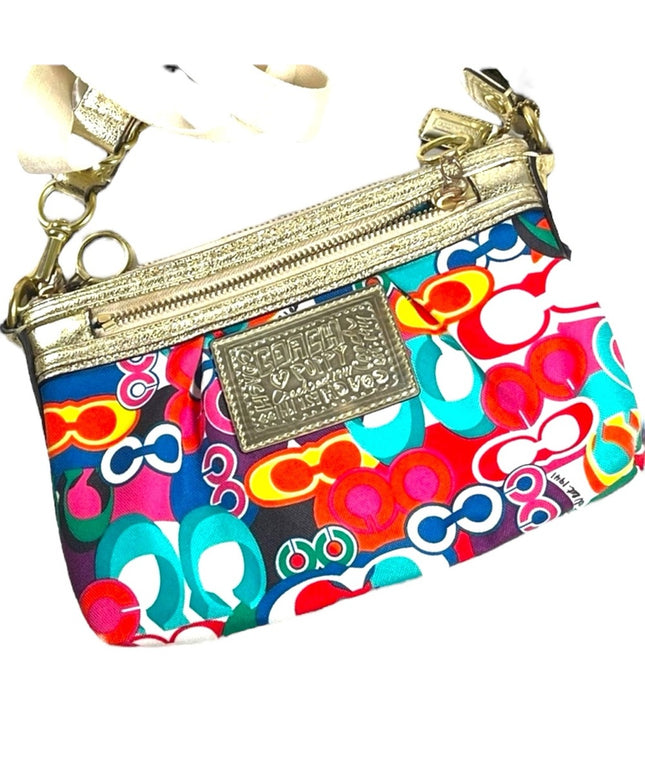 Colorful COACH POPPY gold metalic leather & canvas crossbody pouch bag l…