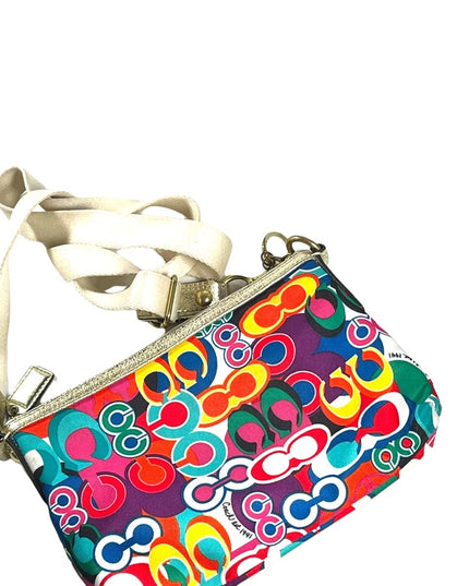 Colorful COACH POPPY gold metalic leather & canvas crossbody pouch bag l…