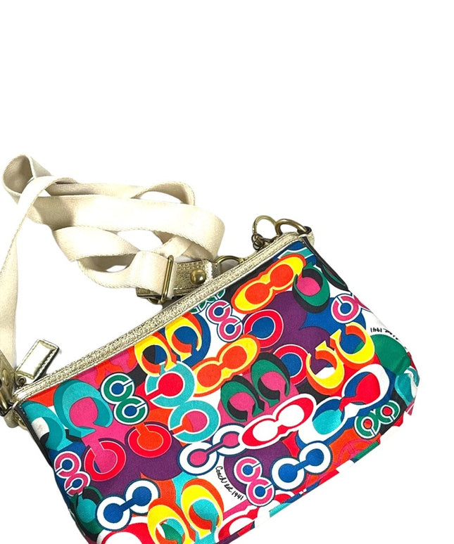 Colorful COACH POPPY gold metalic leather & canvas crossbody pouch bag l…