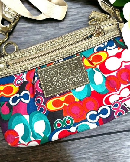 Colorful COACH POPPY gold metalic leather & canvas crossbody pouch bag l…