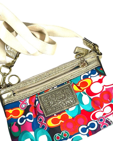 Colorful COACH POPPY gold metalic leather & canvas crossbody pouch bag l…