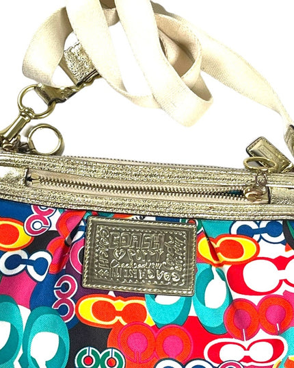 Colorful COACH POPPY gold metalic leather & canvas crossbody pouch bag l…