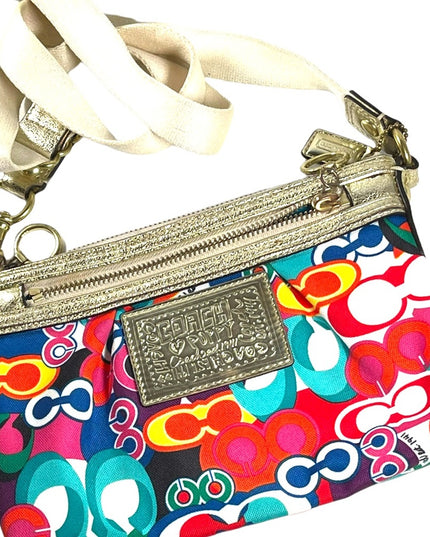 Colorful COACH POPPY gold metalic leather & canvas crossbody pouch bag l…