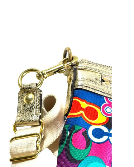 Colorful COACH POPPY gold metalic leather & canvas crossbody pouch bag l…