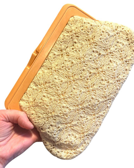Vintage crochet MAGID Lace Clutch with Gold Trim 1970s