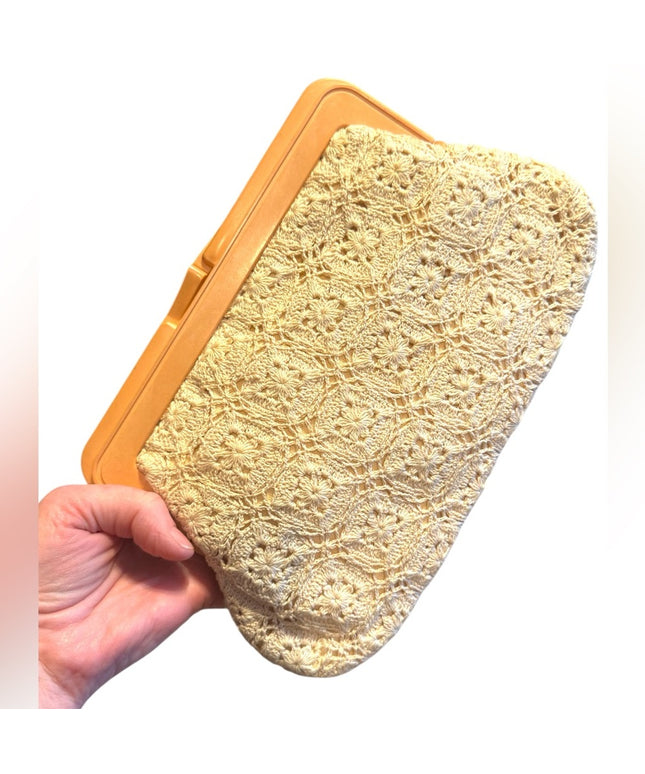 Vintage crochet MAGID Lace Clutch with Gold Trim 1970s