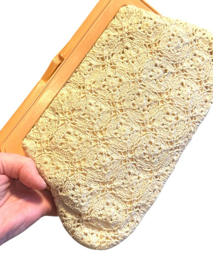 Vintage crochet MAGID Lace Clutch with Gold Trim 1970s