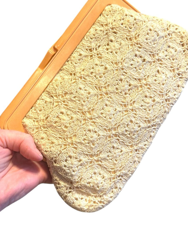 Vintage crochet MAGID Lace Clutch with Gold Trim 1970s