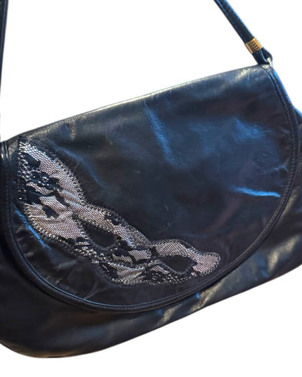 Elegant Vintage Raphaello Italy Black & Silver Leather Shoulder Bag