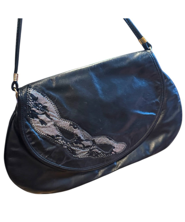 Elegant Vintage Raphaello Italy Black & Silver Leather Shoulder Bag