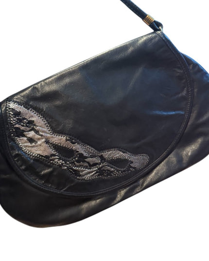 Elegant Vintage Raphaello Italy Black & Silver Leather Shoulder Bag