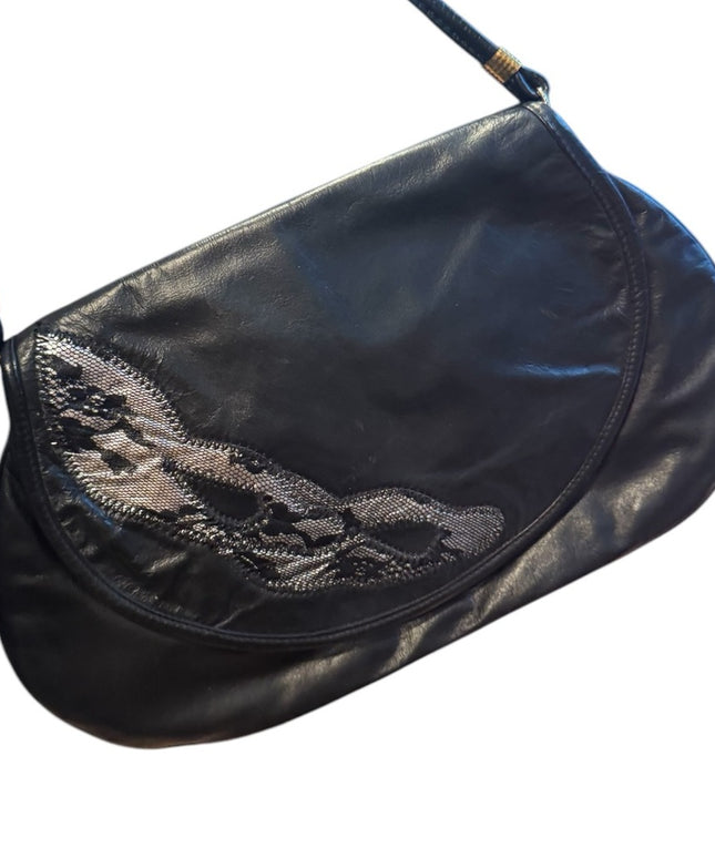 Elegant Vintage Raphaello Italy Black & Silver Leather Shoulder Bag