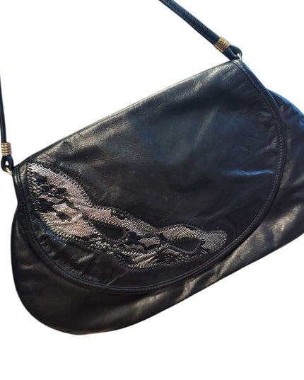 Elegant Vintage Raphaello Italy Black & Silver Leather Shoulder Bag