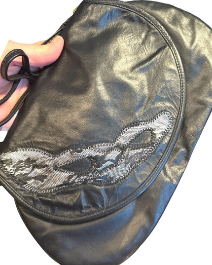 Elegant Vintage Raphaello Italy Black & Silver Leather Shoulder Bag