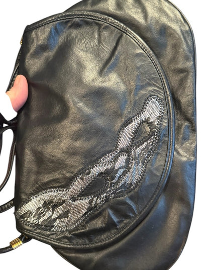 Elegant Vintage Raphaello Italy Black & Silver Leather Shoulder Bag