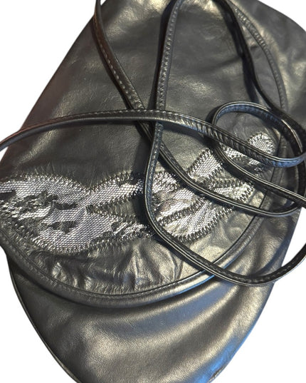 Elegant Vintage Raphaello Italy Black & Silver Leather Shoulder Bag