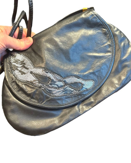 Elegant Vintage Raphaello Italy Black & Silver Leather Shoulder Bag