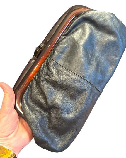 Classic Vintage  Black Leather Clutch snap close Vere Cuir Italy