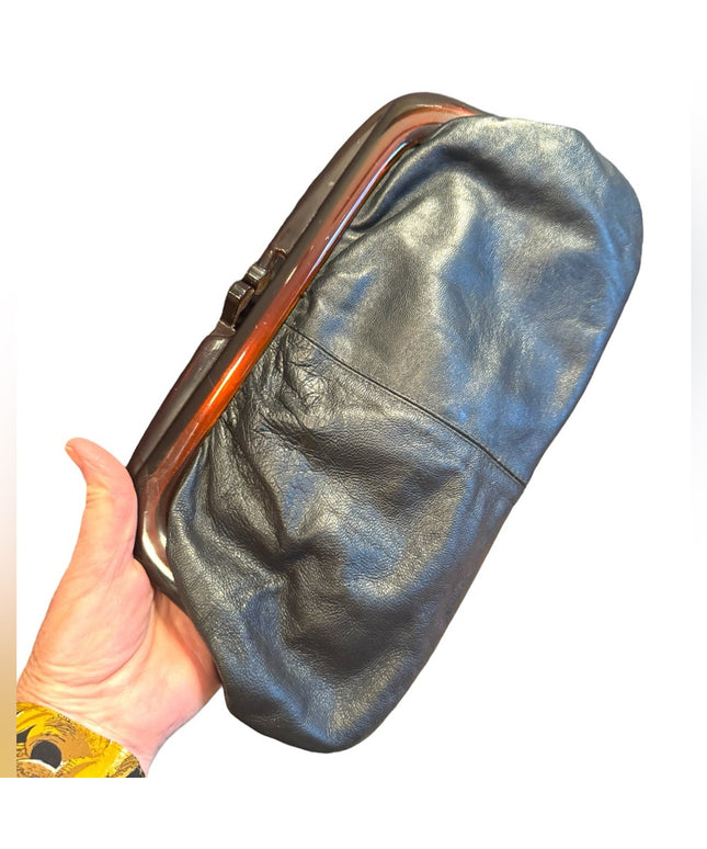 Classic Vintage  Black Leather Clutch snap close Vere Cuir Italy