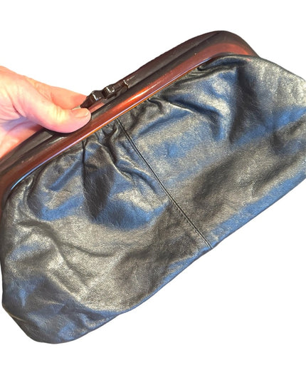 Classic Vintage  Black Leather Clutch snap close Vere Cuir Italy