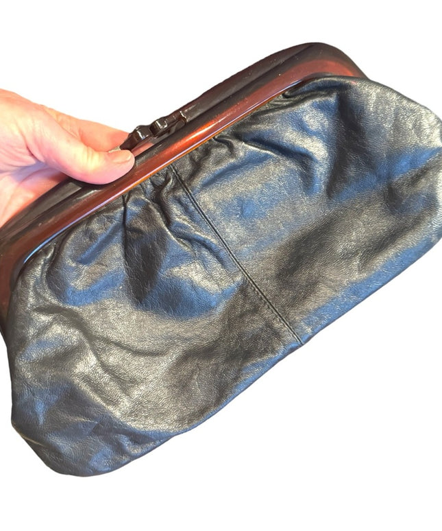 Classic Vintage  Black Leather Clutch snap close Vere Cuir Italy