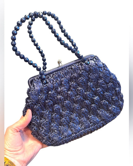 Elegant Vintage Artel Blue Beaded straw 1960s Handbag