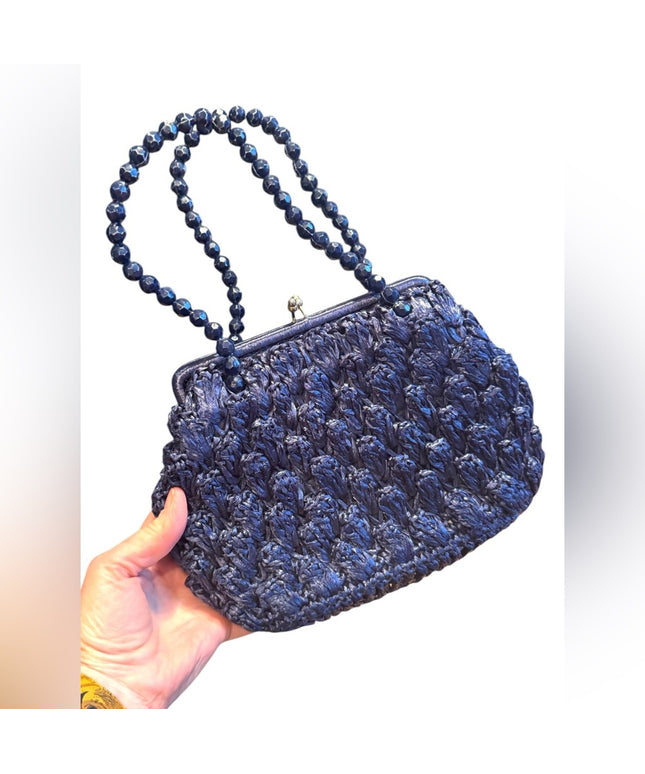 Elegant Vintage Artel Blue Beaded straw 1960s Handbag