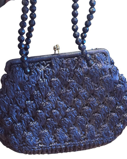 Elegant Vintage Artel Blue Beaded straw 1960s Handbag