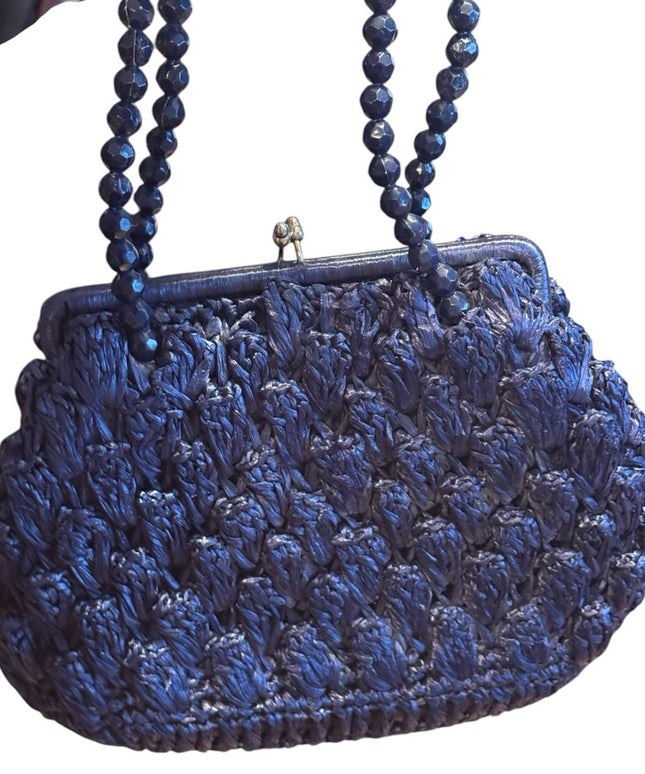 Elegant Vintage Artel Blue Beaded straw 1960s Handbag