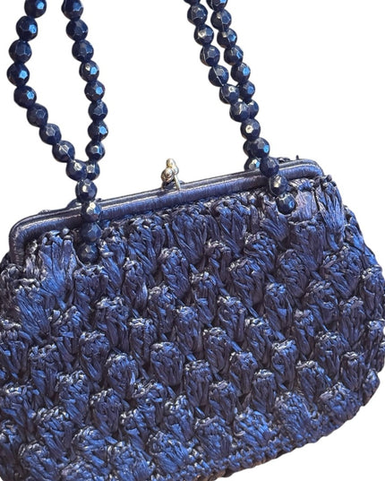 Elegant Vintage Artel Blue Beaded straw 1960s Handbag