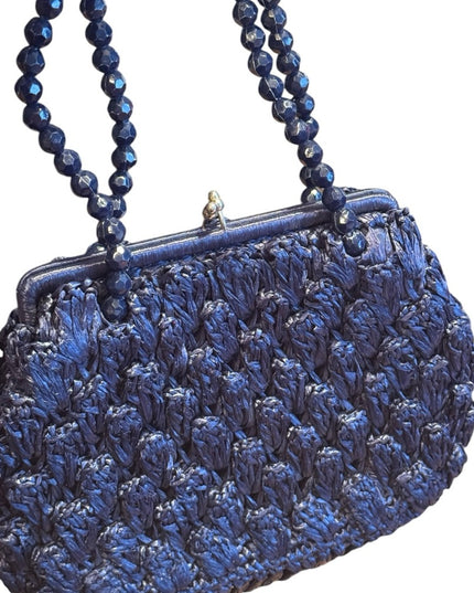 Elegant Vintage Artel Blue Beaded straw 1960s Handbag