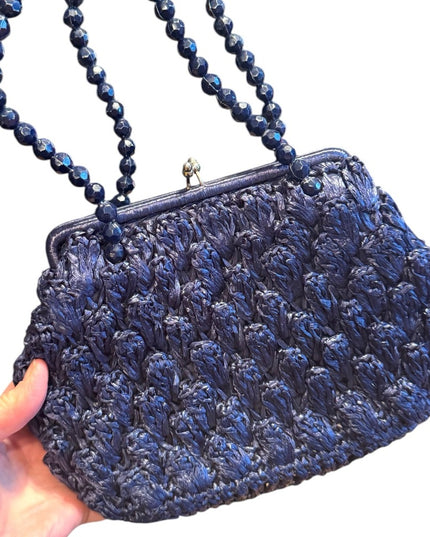 Elegant Vintage Artel Blue Beaded straw 1960s Handbag