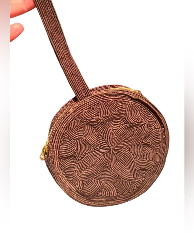 Dark Brown Vintage 1940s Embroidered corded Round Wristlet