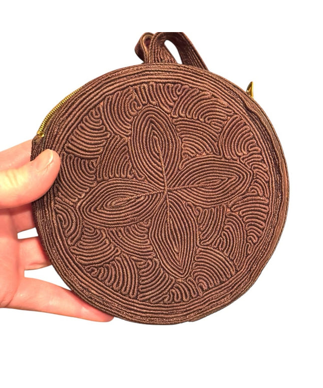 Dark Brown Vintage 1940s Embroidered corded Round Wristlet