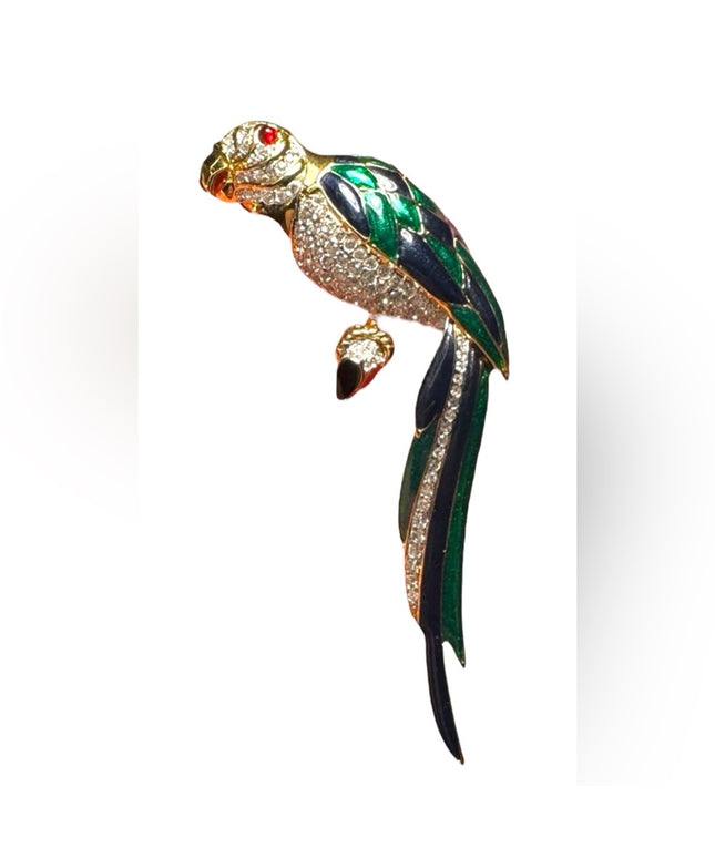 Vintage Dorlan stamped enameled colorful crystal large bird brooch
