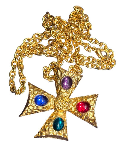 Vinage colorful Maltese Gold Cross Pendant Necklace with Multicolor glass Gems