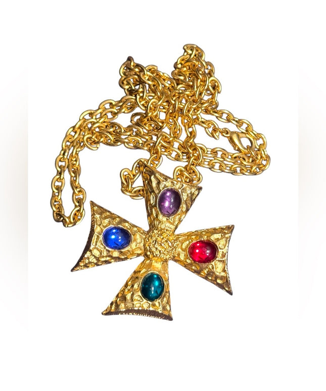 Vinage colorful Maltese Gold Cross Pendant Necklace with Multicolor glass Gems