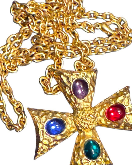 Vinage colorful Maltese Gold Cross Pendant Necklace with Multicolor glass Gems