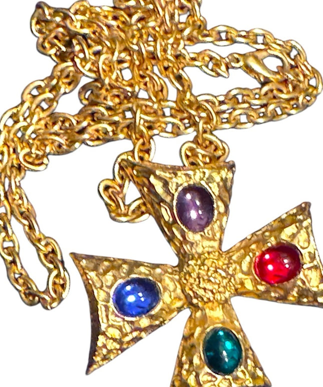 Vinage colorful Maltese Gold Cross Pendant Necklace with Multicolor glass Gems