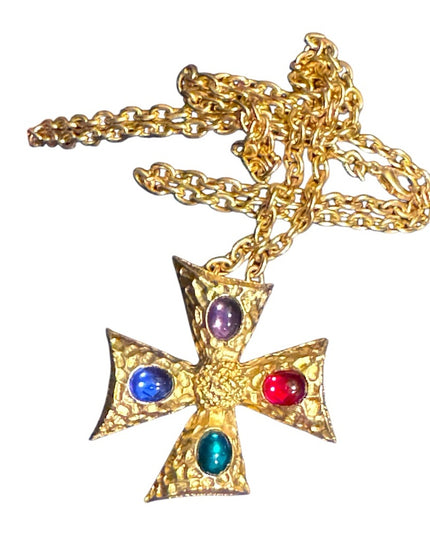 Vinage colorful Maltese Gold Cross Pendant Necklace with Multicolor glass Gems