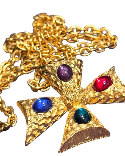 Vinage colorful Maltese Gold Cross Pendant Necklace with Multicolor glass Gems