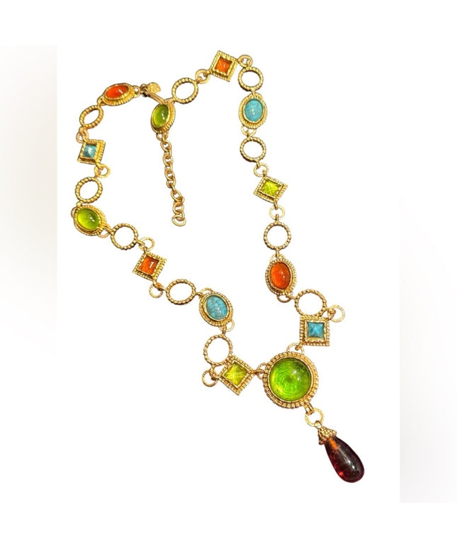 Vintage 1980s Gold plated Multicolor Gemstone Necklace Edouard Rambaud Paris