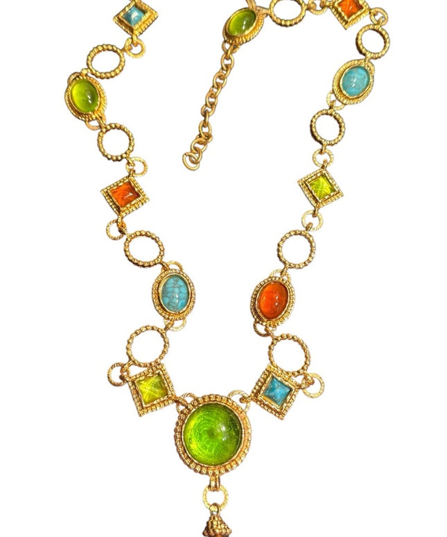 Vintage 1980s Gold plated Multicolor Gemstone Necklace Edouard Rambaud Paris