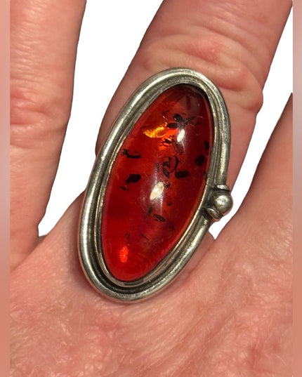 Vintage Russian Honey Amber Sterling Silver 925 fancy Oval Ring