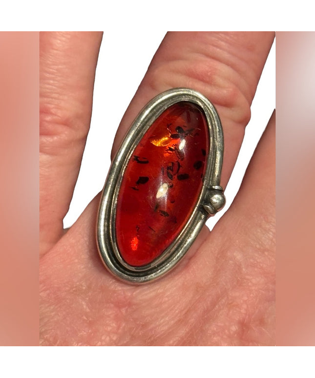 Vintage Russian Honey Amber Sterling Silver 925 fancy Oval Ring
