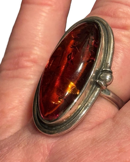 Vintage Russian Honey Amber Sterling Silver 925 fancy Oval Ring