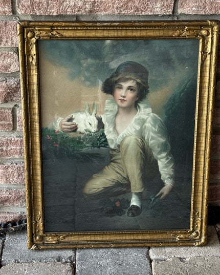 Antique Boy With Rabbit Wood Framed gold gilt Print picture wall hanging